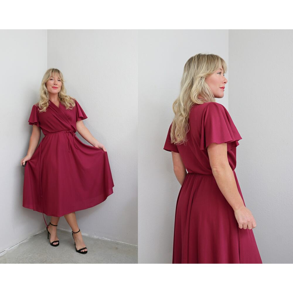 1970's Vintage Cranberry Midi Day Dress with Flutter Sleeves ~ Women's MD LG